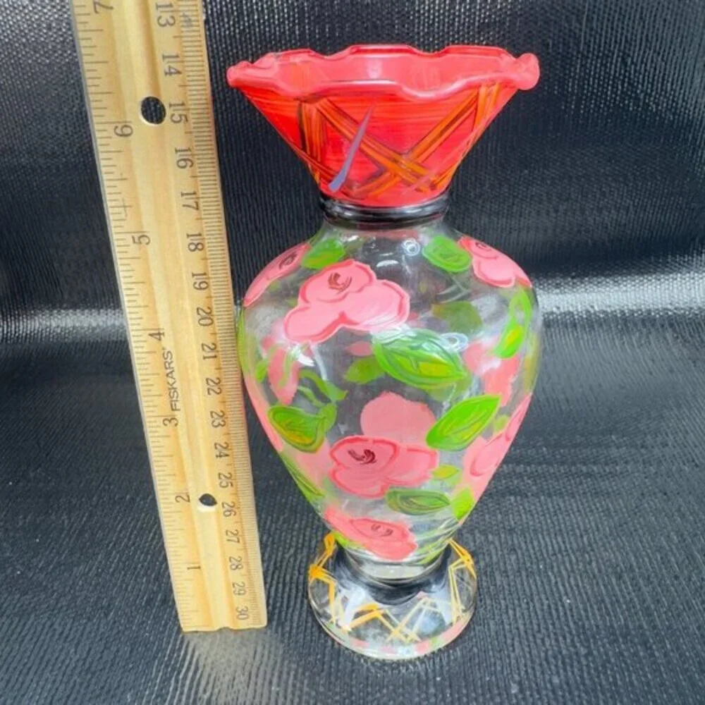 Vintage‎ Hand Painted Glass Vase Vessel Multicolored Red Rose Glass Decorative